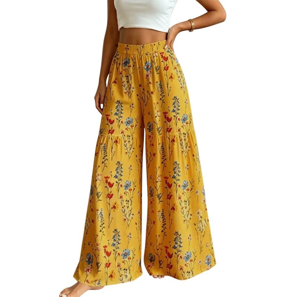 Boho Tiered Wide Leg Palazzo Pants L Mustard Yellow Floral Hippie Cottagecore - Picture 2 of 13